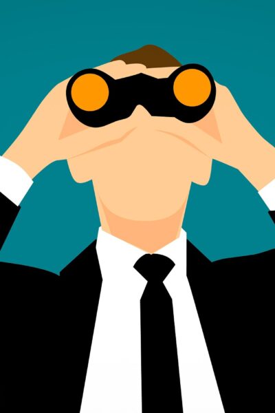 Cartoon on man in suit and tie looking up through binoculars.
