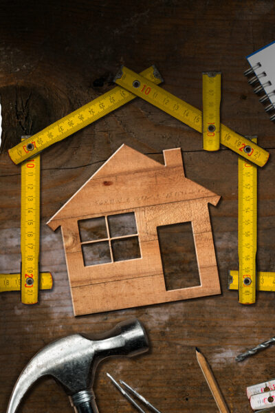 Assortment of home repair items such as a hammer, rulers in the outline of a house, and paint shades.